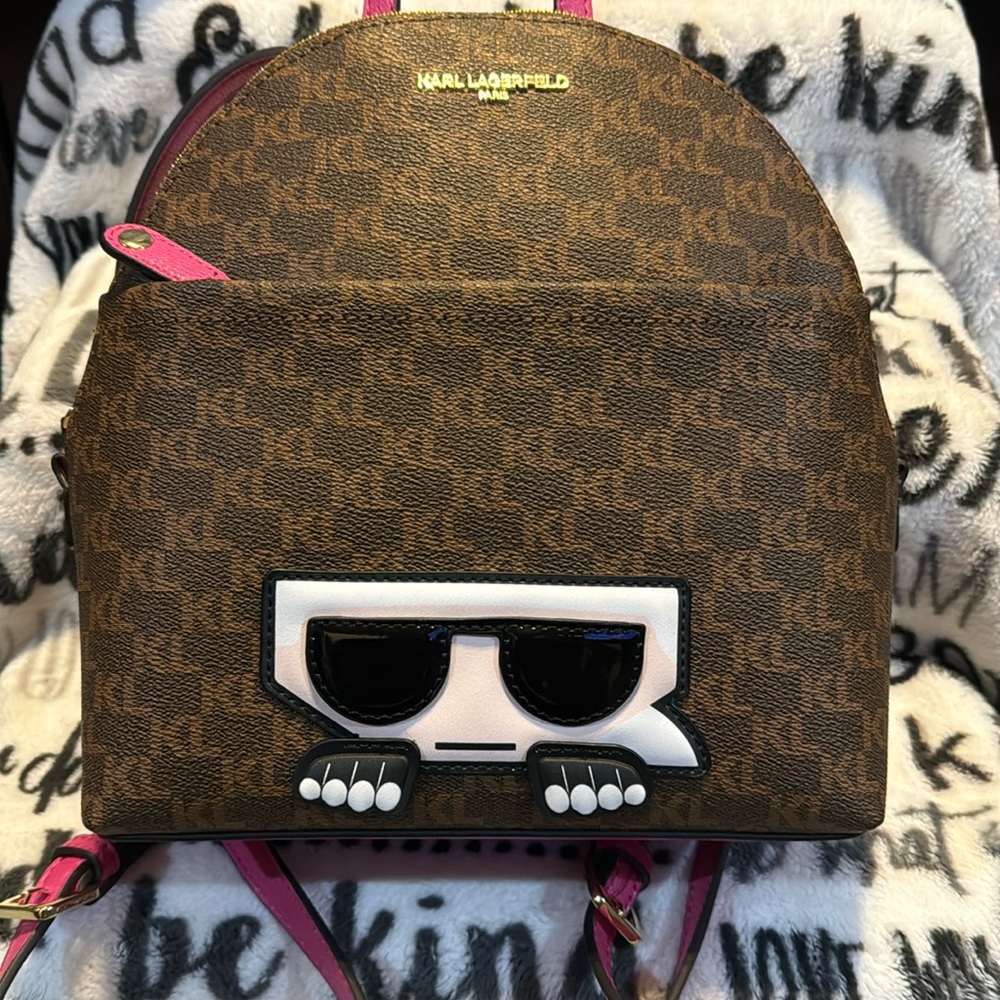 NWT Karl Lagerfeld Small Brown & Pink Backpack With Gold Hardware